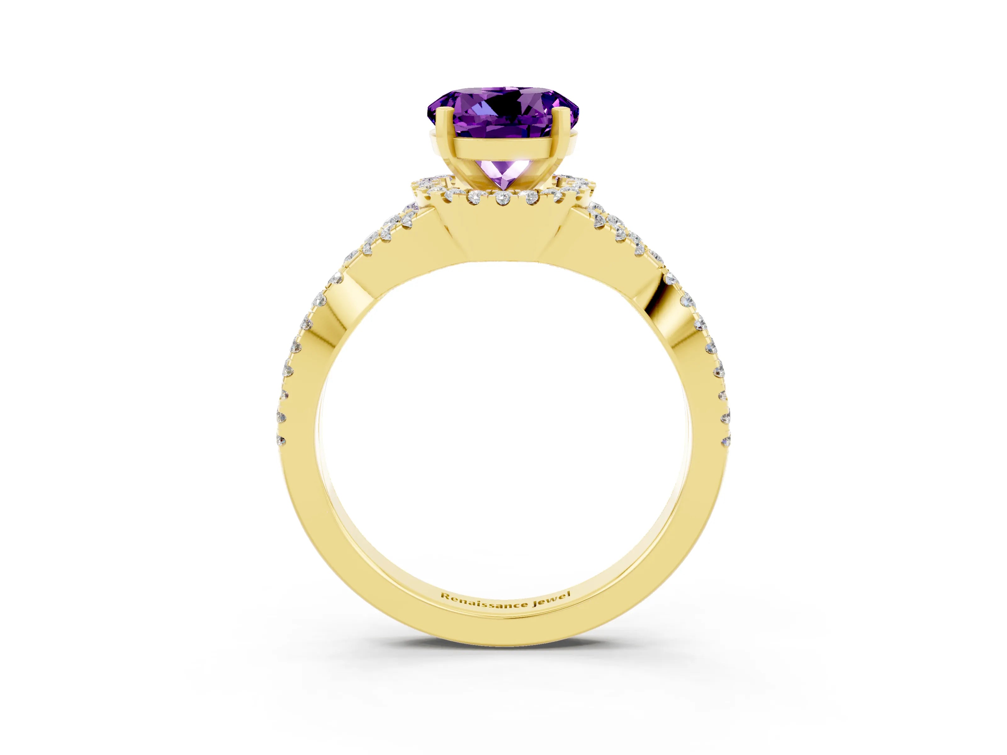 Yellow gold Round Cut Amethyst Halo Twist Band Solitaire Prong Setting Ring_3