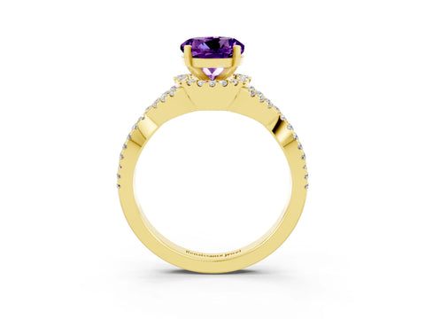 Yellow gold Round Cut Amethyst Halo Twist Band Solitaire Prong Setting Ring_3