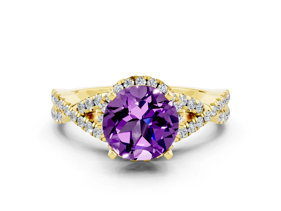 Yellow gold Round Cut Amethyst  Halo Twist Band Solitaire Prong Setting Ring_42