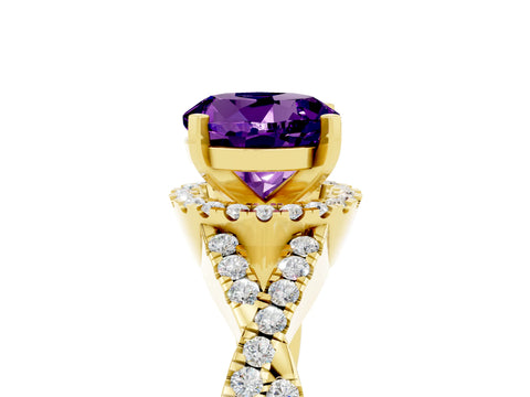 Yellow gold Round Cut Amethyst Halo Twist Band Solitaire Prong Setting Ring_5