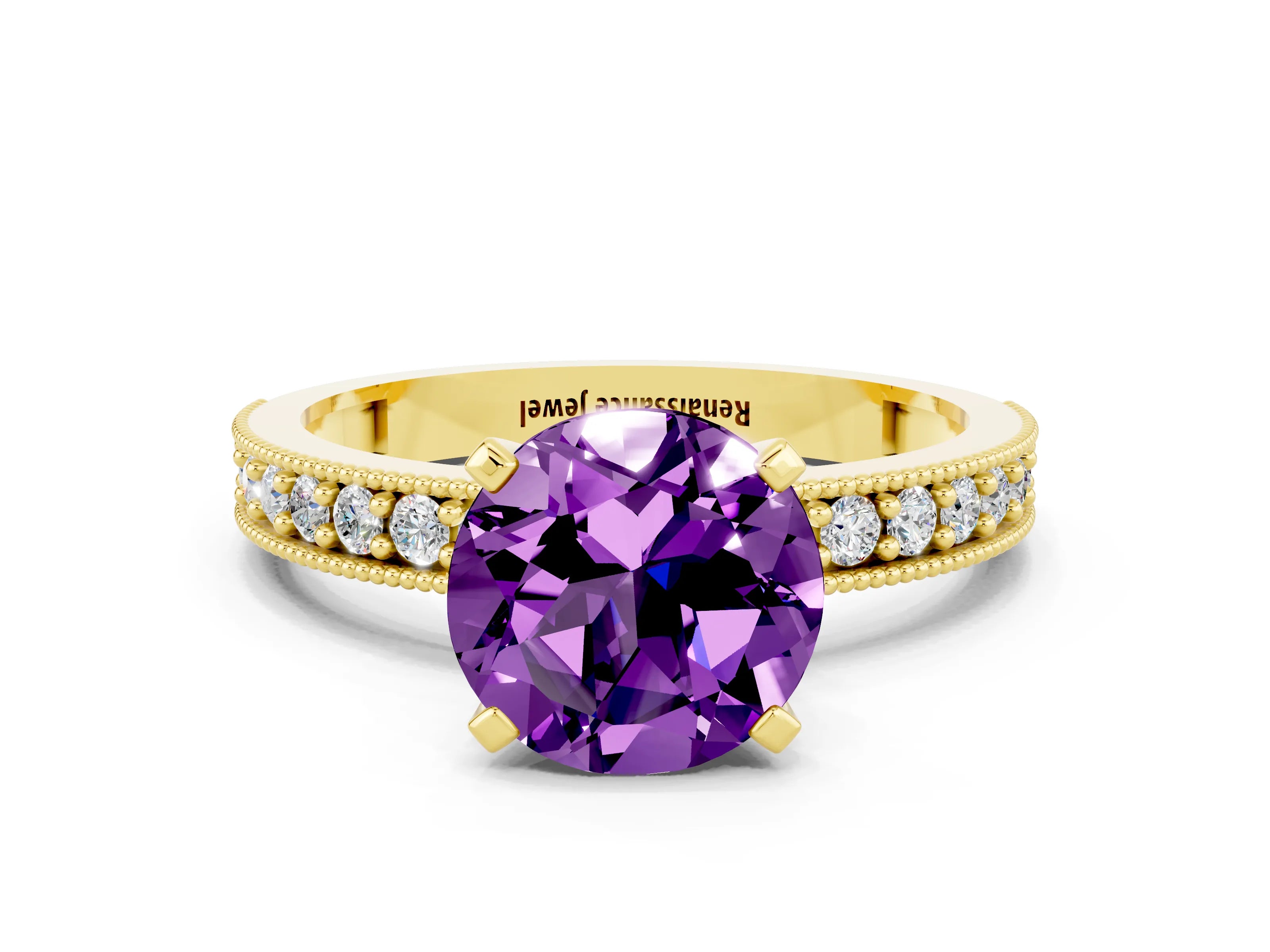 Yellow gold Round Cut Amethyst Milgrain Pavé Engagement Ring with Four-Prong Setting