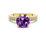 Yellow gold Round Cut Amethyst Milgrain Pavé Engagement Ring with Four-Prong Setting