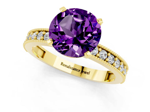 Yellow gold Round Cut Amethyst Milgrain Pavé Engagement Ring with Four-Prong Setting_1