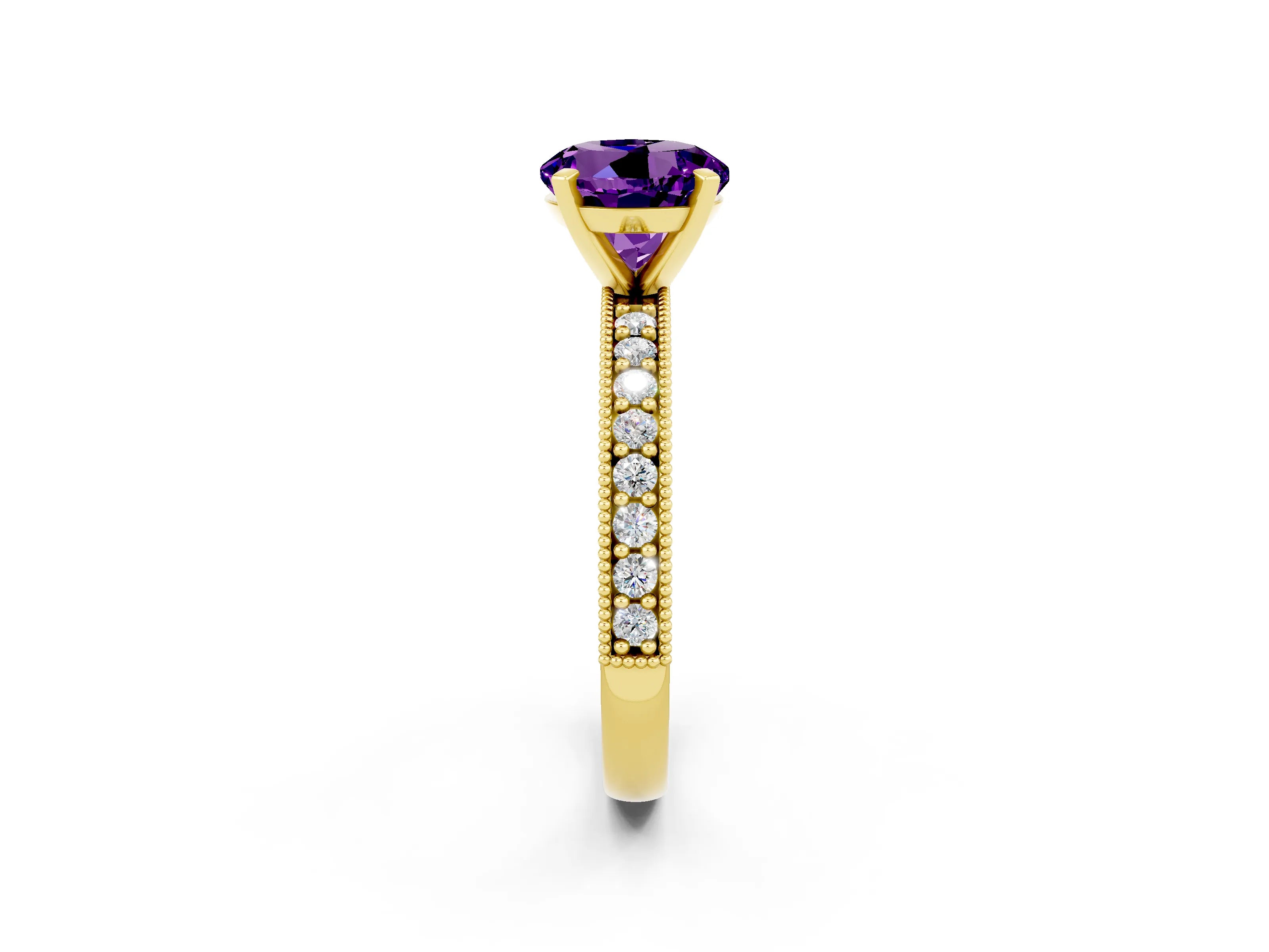 Yellow gold Round Cut Amethyst Milgrain Pavé Engagement Ring with Four-Prong Setting_2