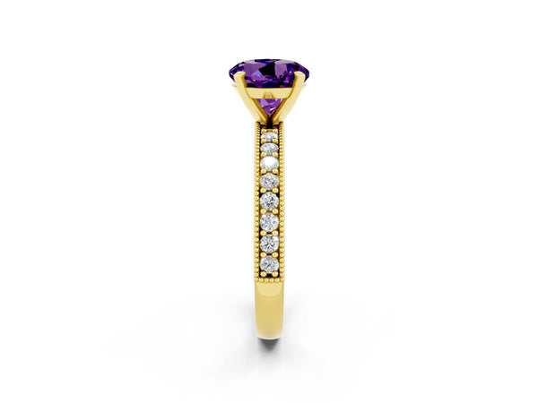 Yellow gold Round Cut Amethyst Milgrain Pavé Engagement Ring with Four-Prong Setting