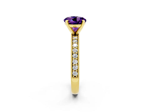 Yellow gold Round Cut Amethyst Milgrain Pavé Engagement Ring with Four-Prong Setting_2