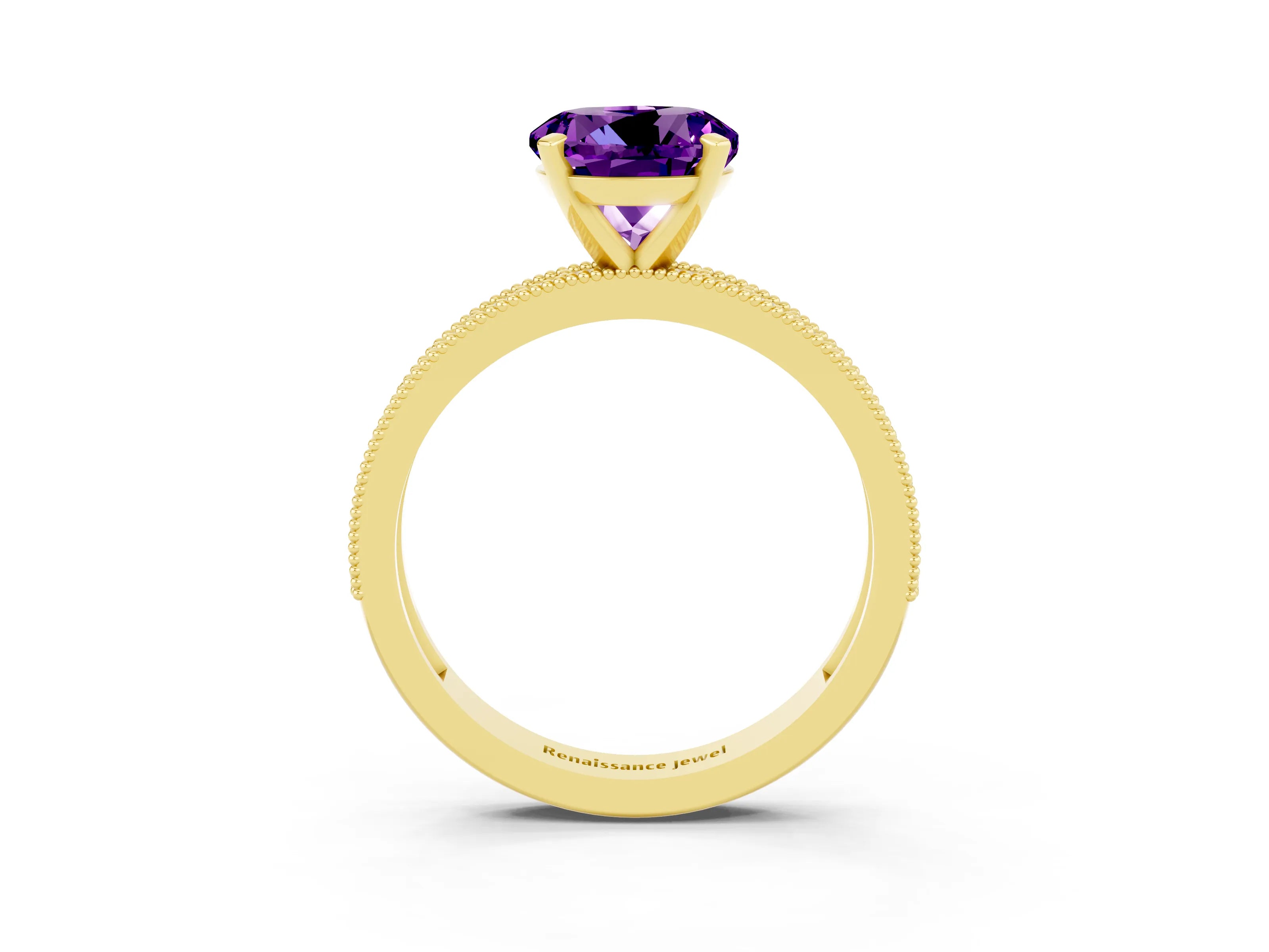 Yellow gold Round Cut Amethyst Milgrain Pavé Engagement Ring with Four-Prong Setting_3