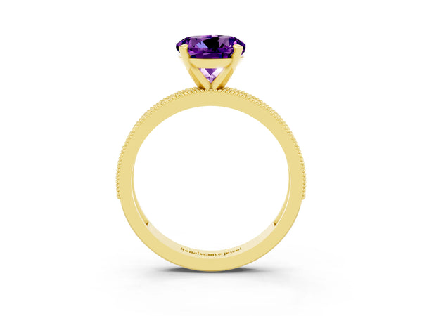 Yellow gold Round Cut Amethyst Milgrain Pavé Engagement Ring with Four-Prong Setting