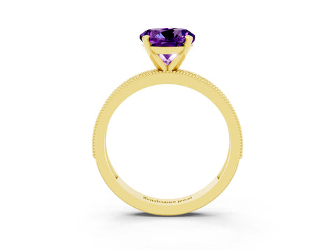 Yellow gold Round Cut Amethyst Milgrain Pavé Engagement Ring with Four-Prong Setting_3