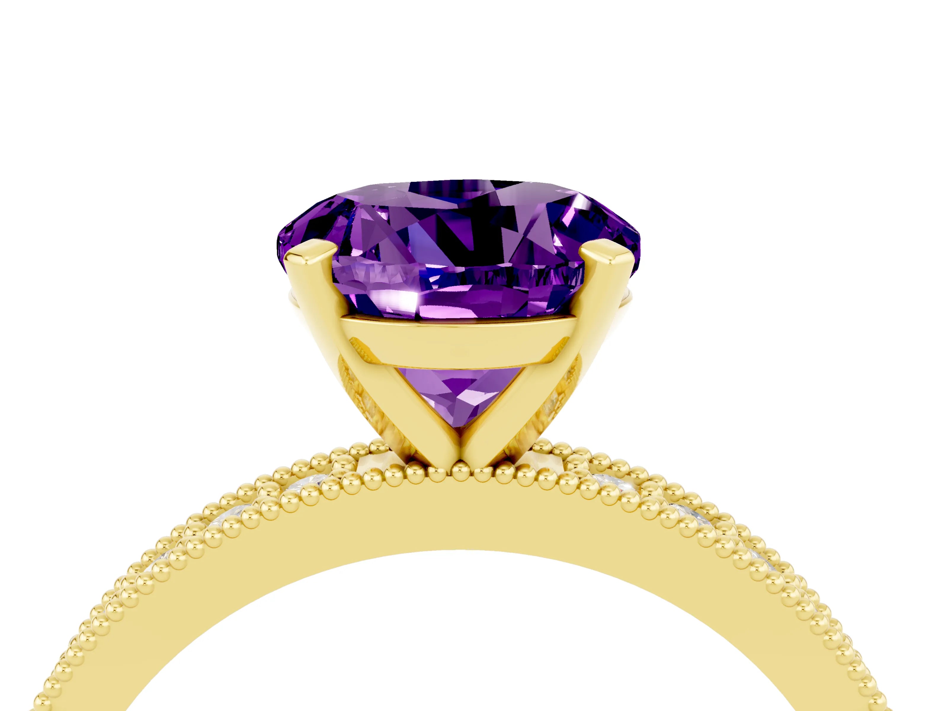 Yellow gold Round Cut Amethyst Milgrain Pavé Engagement Ring with Four-Prong Setting_4