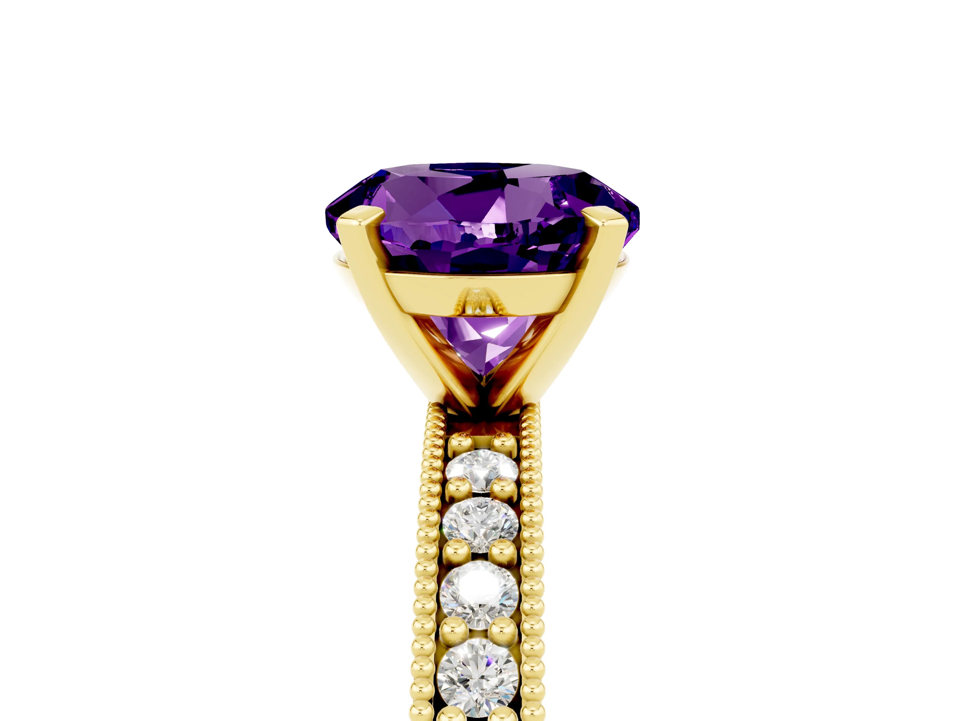 Yellow gold Round Cut Amethyst Milgrain Pavé Engagement Ring with Four-Prong Setting_5