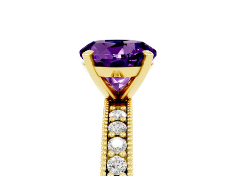 Yellow gold Round Cut Amethyst Milgrain Pavé Engagement Ring with Four-Prong Setting_5