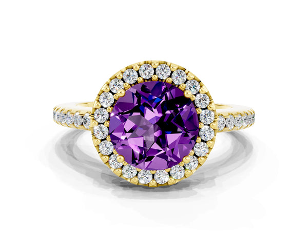 Yellow gold Round Cut Amethyst Pavé Halo Ring with Four-Prong Setting