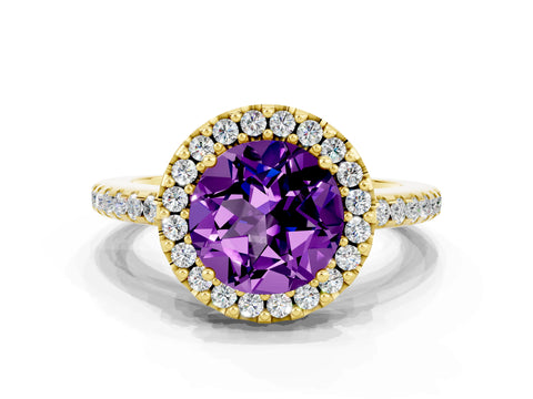 Yellow gold Round Cut Amethyst Pavé Halo Ring with Four-Prong Setting_12
