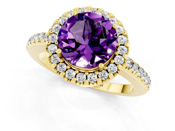 Yellow gold Round Cut Amethyst Pavé Halo Ring with Four-Prong Setting