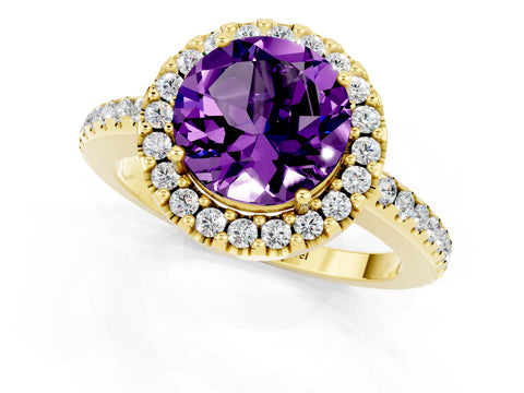Yellow gold Round Cut Amethyst Pavé Halo Ring with Four-Prong Setting_13