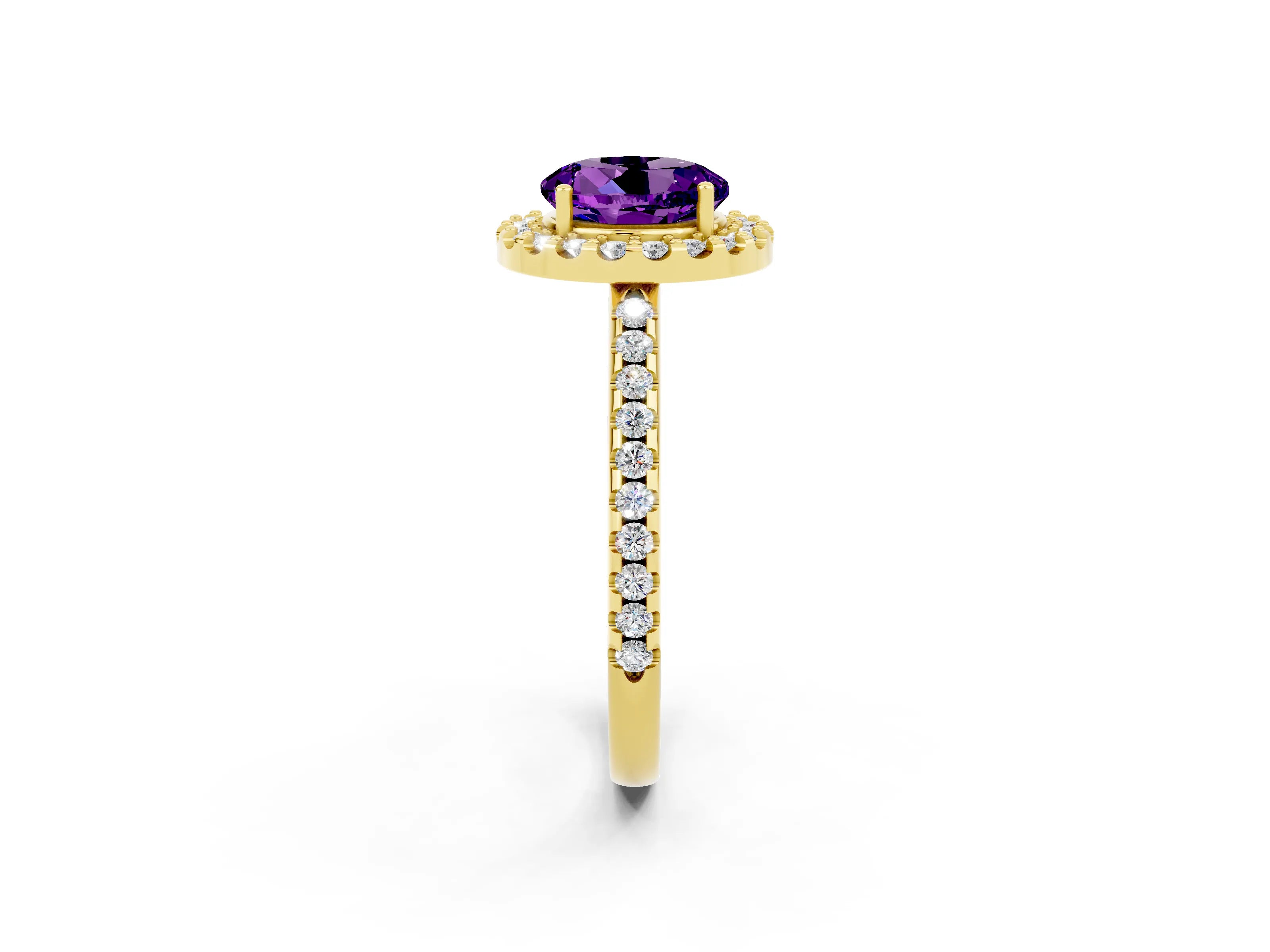 Yellow gold Round Cut Amethyst Pavé Halo Ring with Four-Prong Setting_14