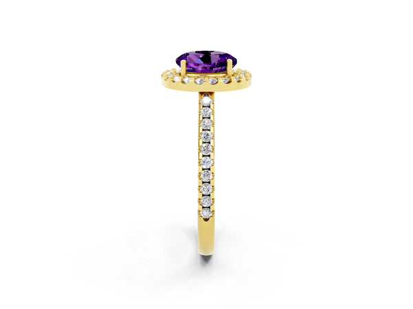 Yellow gold Round Cut Amethyst Pavé Halo Ring with Four-Prong Setting