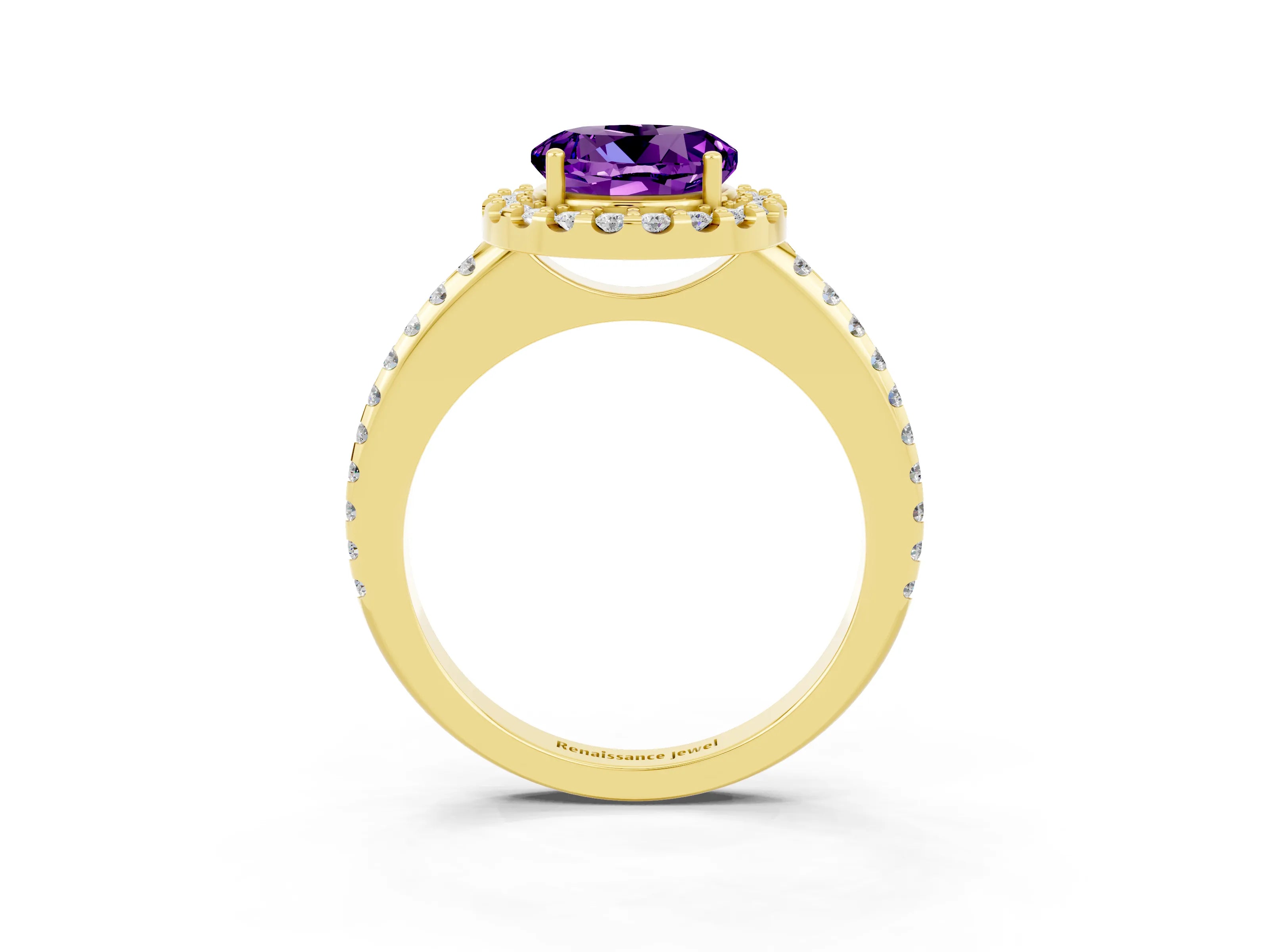 Yellow gold Round Cut Amethyst Pavé Halo Ring with Four-Prong Setting_15