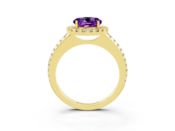 Yellow gold Round Cut Amethyst Pavé Halo Ring with Four-Prong Setting