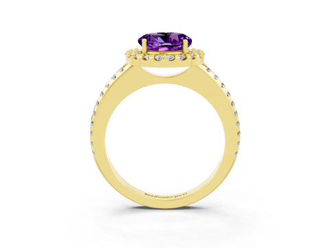 Yellow gold Round Cut Amethyst Pavé Halo Ring with Four-Prong Setting_15