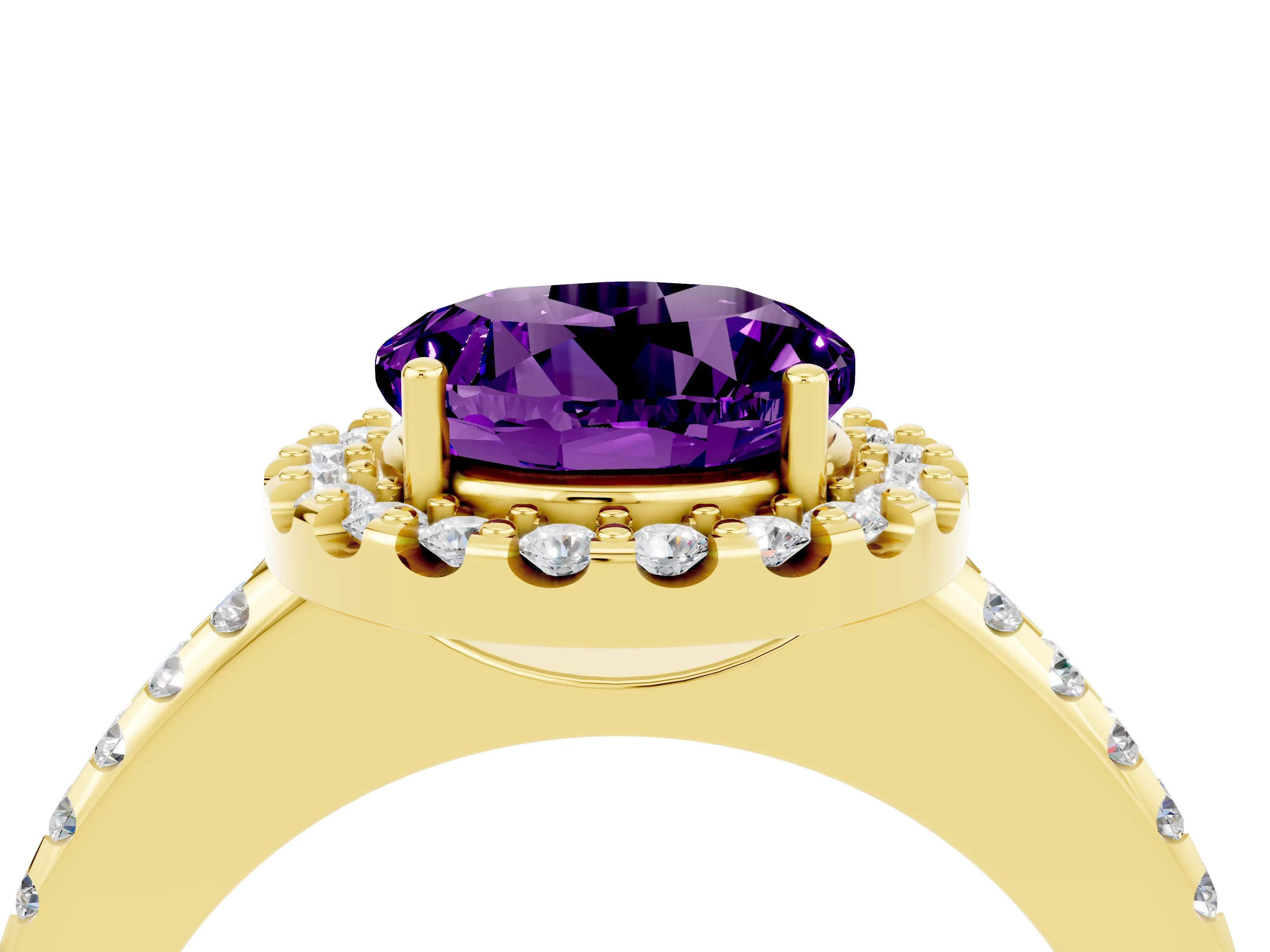 Yellow gold Round Cut Amethyst Pavé Halo Ring with Four-Prong Setting_16