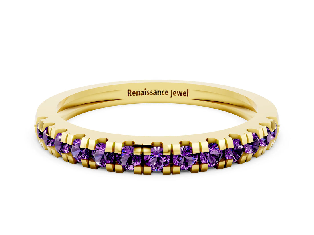 Yellow gold Round Cut Amethyst Pavé Set Thin Band