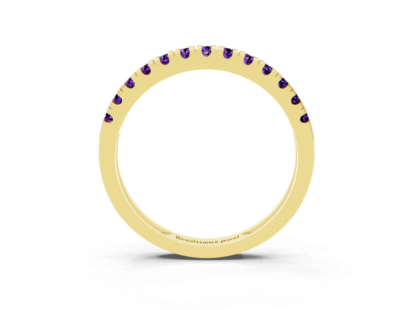 Yellow Gold Round Amethyst Thin Pave Half Eternity Wedding Band