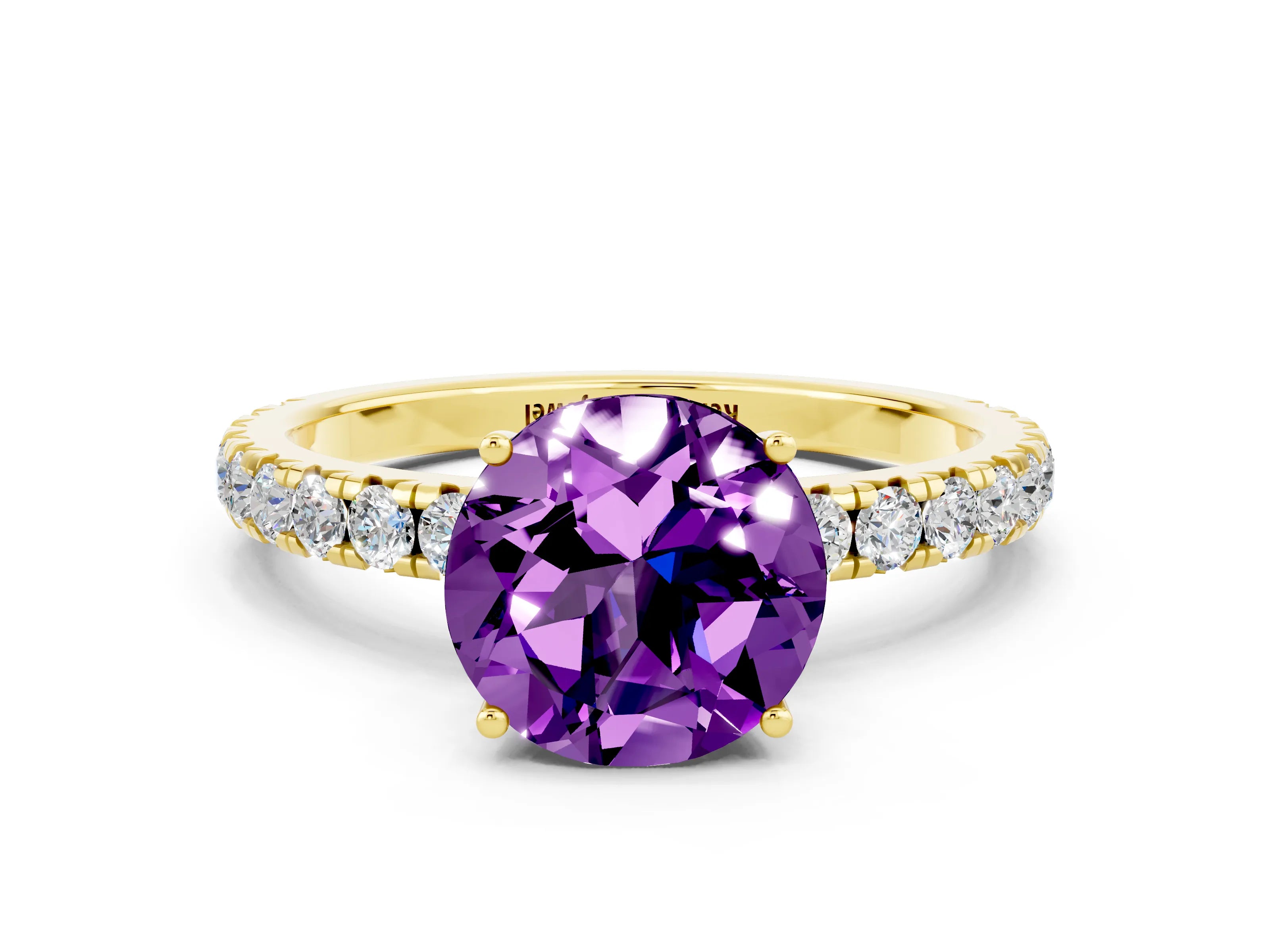 Yellow gold Round Cut Amethyst Pavé Solitaire Engagement Ring with Four-Prong Setting_12