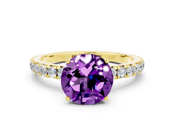 Yellow gold Round Cut Amethyst Pavé Solitaire Engagement Ring with Four-Prong Setting