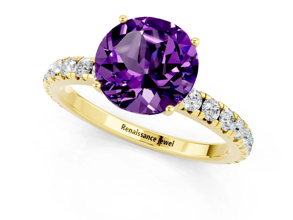 Yellow gold Round Cut Amethyst Pavé Solitaire Engagement Ring with Four-Prong Setting
