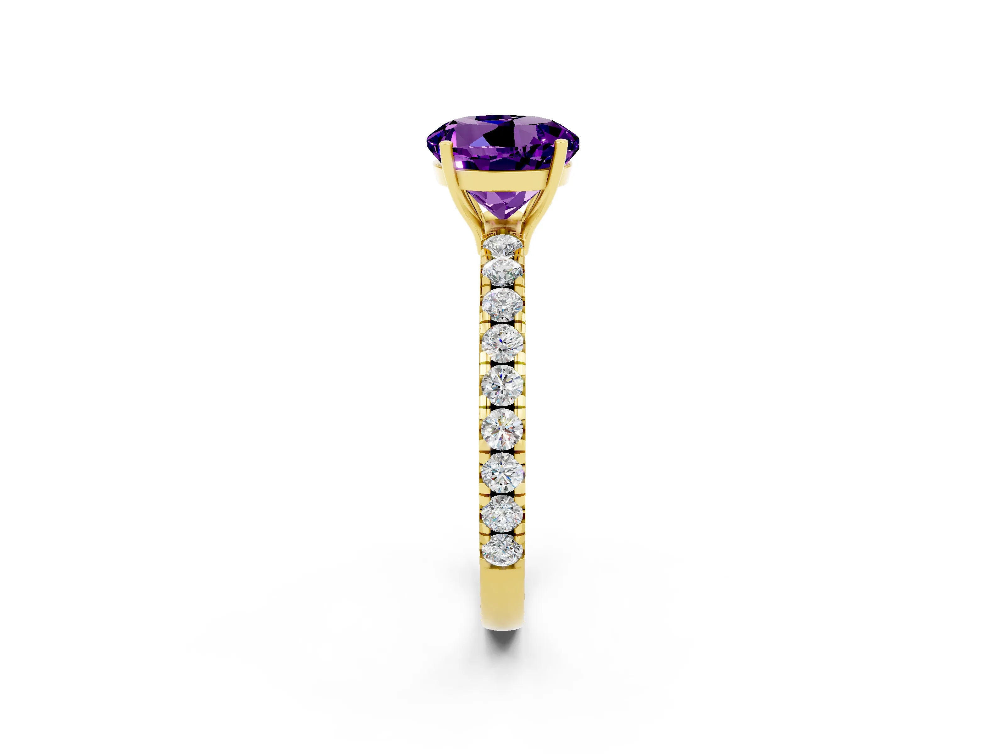 Yellow gold Round Cut Amethyst Pavé Solitaire Engagement Ring with Four-Prong Setting_14