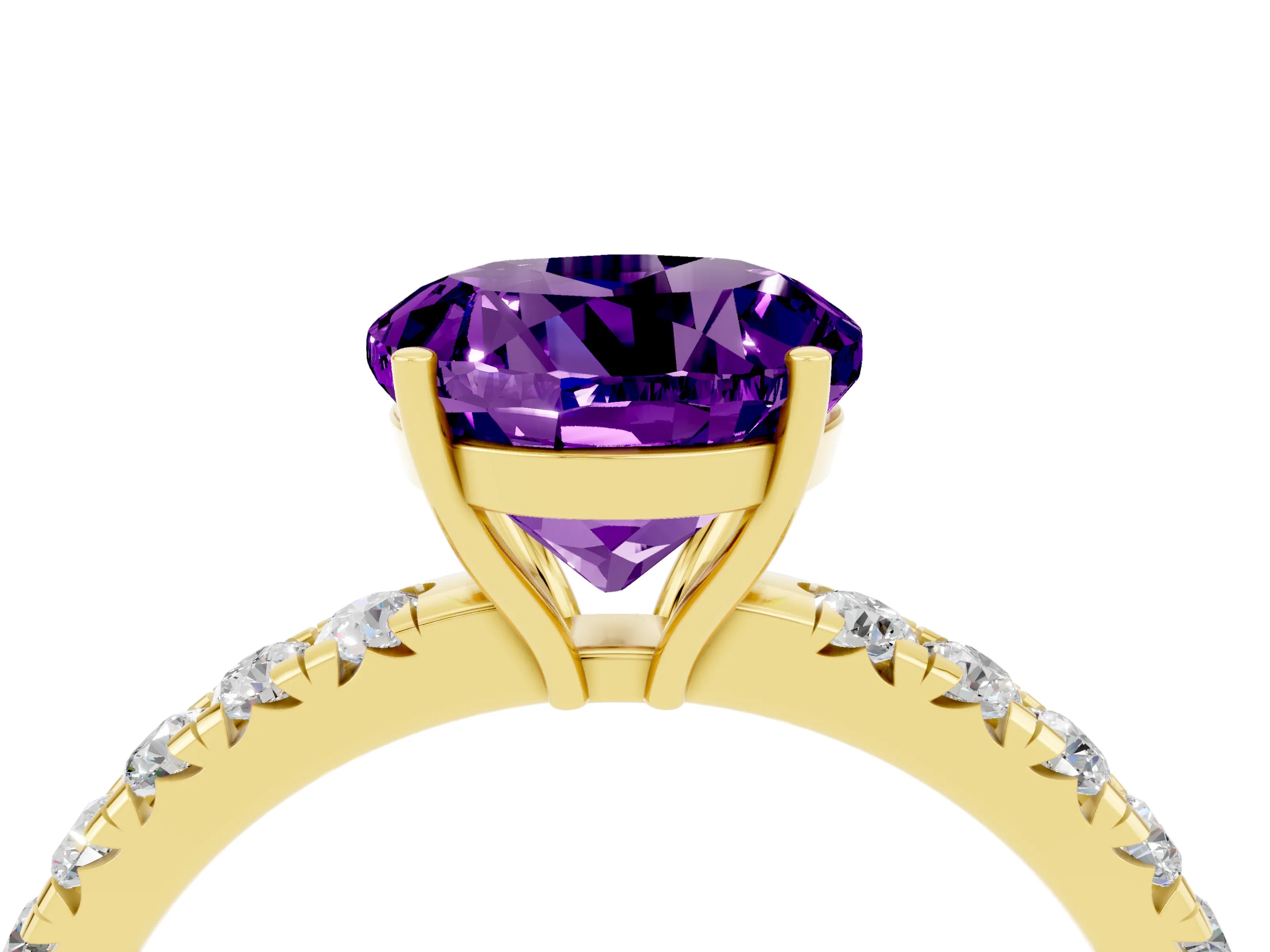 Yellow gold Round Cut Amethyst Pavé Solitaire Engagement Ring with Four-Prong Setting_16
