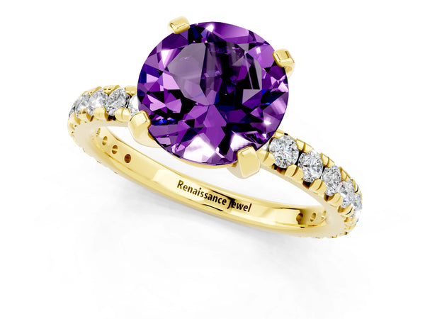 Yellow gold Round Cut Amethyst Pavé Solitaire Ring with Round Band and Prong Setting