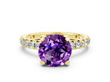Yellow gold Round Cut Amethyst Pavé Solitaire Ring with Round Band and Prong Setting_24
