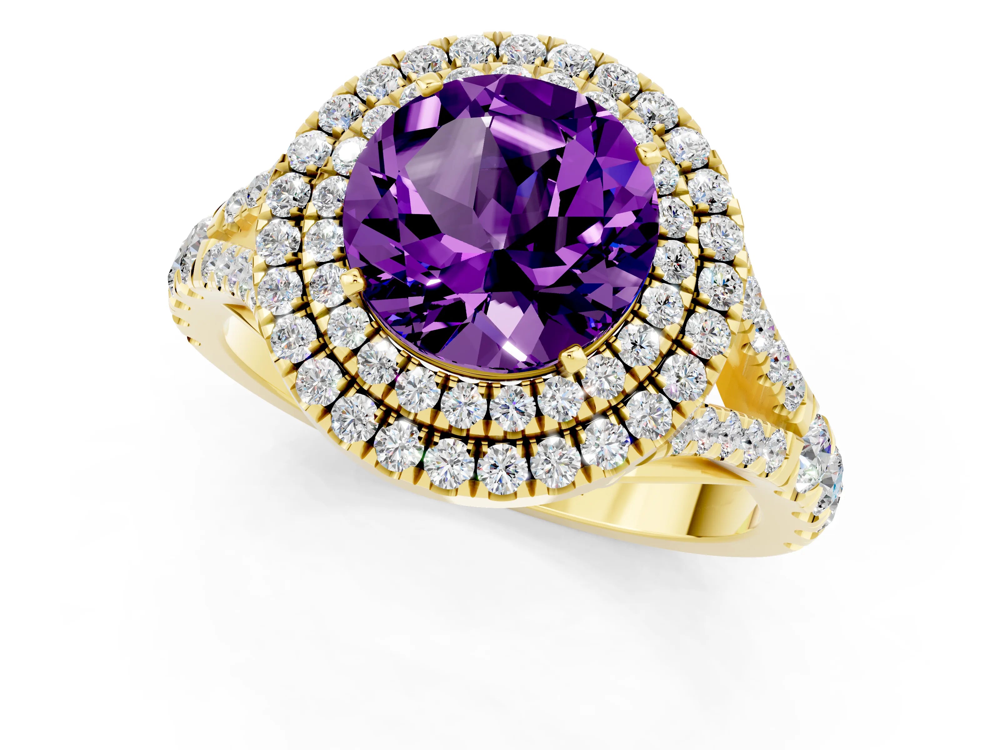 Yellow gold Round Cut Amethyst Pavé Split Shank Double Halo Engagement Ring_1