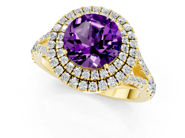 Yellow gold Round Cut Amethyst Pavé Split Shank Double Halo Engagement Ring