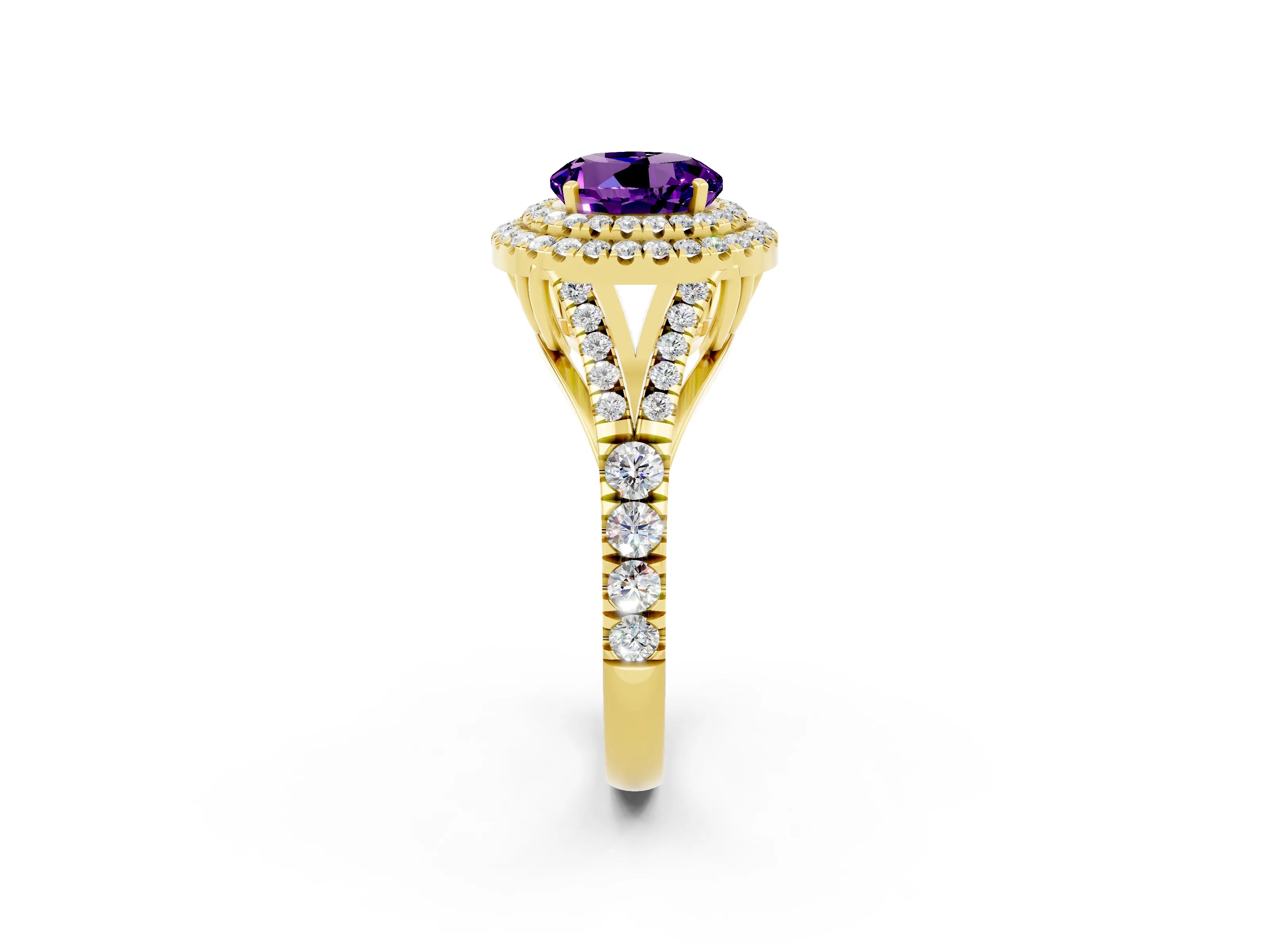 Yellow gold Round Cut Amethyst Pavé Split Shank Double Halo Engagement Ring_2