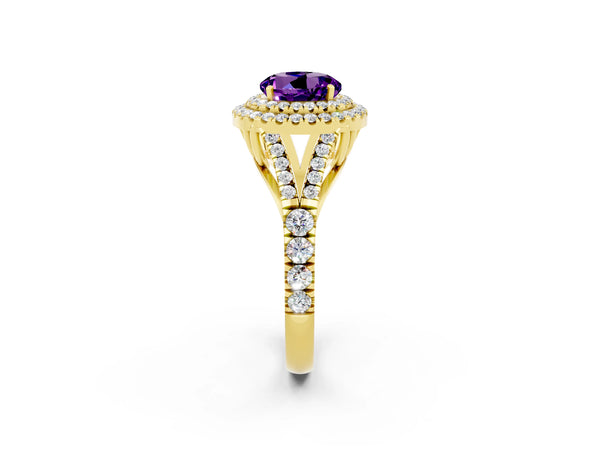 Yellow gold Round Cut Amethyst Pavé Split Shank Double Halo Engagement Ring