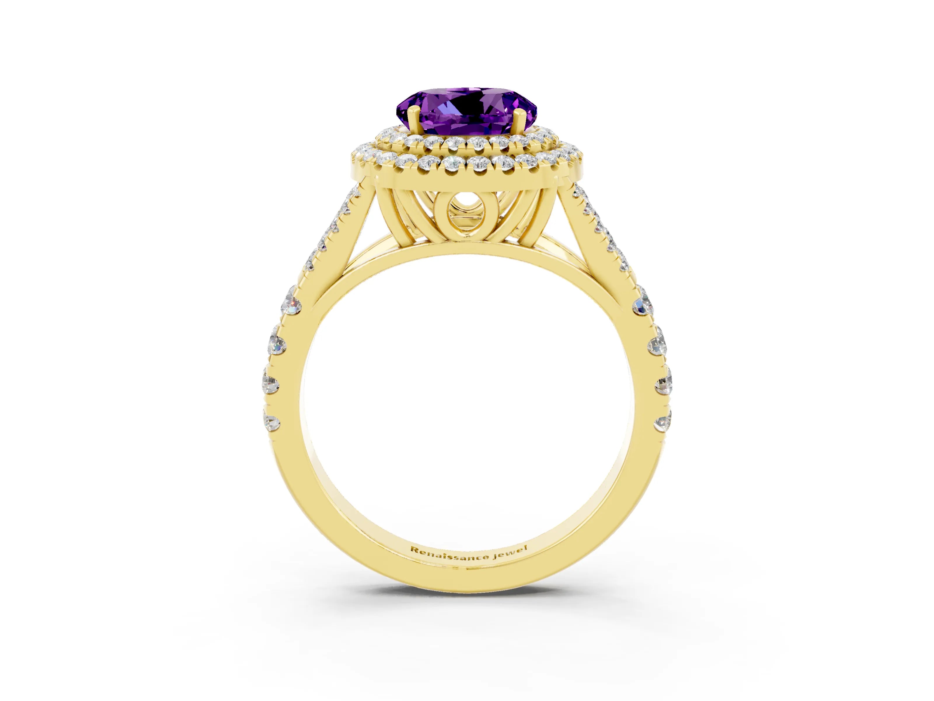 Yellow gold Round Cut Amethyst Pavé Split Shank Double Halo Engagement Ring_3