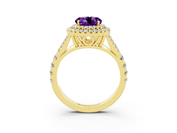 Yellow gold Round Cut Amethyst Pavé Split Shank Double Halo Engagement Ring