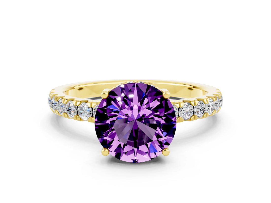 Yellow gold Round Cut Amethyst Pave Band Solitaire Ring with Four-Prong Setting_24