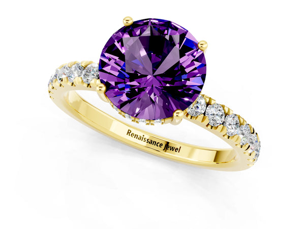 Yellow gold Round Cut Amethyst Pave Band Solitaire Ring with Round  and Prong Setting