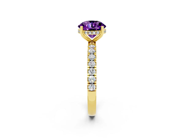 Yellow gold Round Cut Amethyst Pave Band Solitaire Ring with Round  and Prong Setting