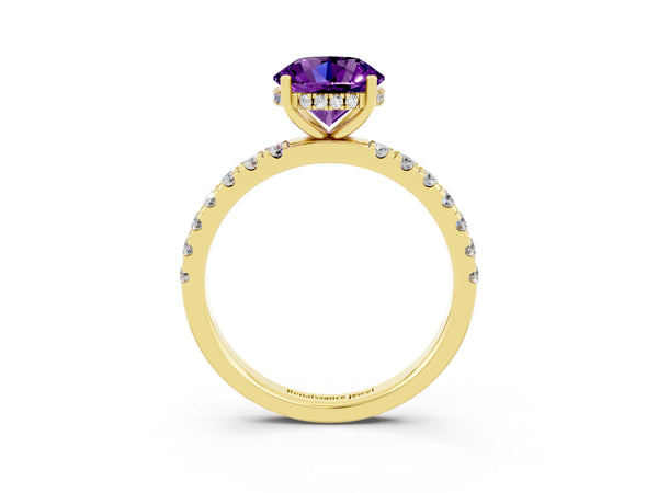Yellow gold Round Cut Amethyst Pave Band Solitaire Ring with Round  and Prong Setting