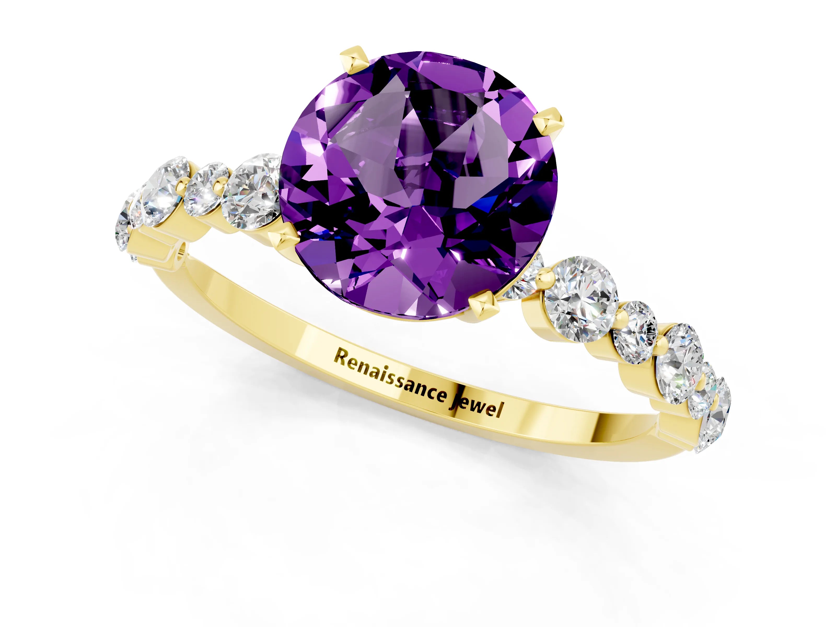 Yellow gold Round Cut Amethyst Prong Set Engagement Ring with Pavé Band_1