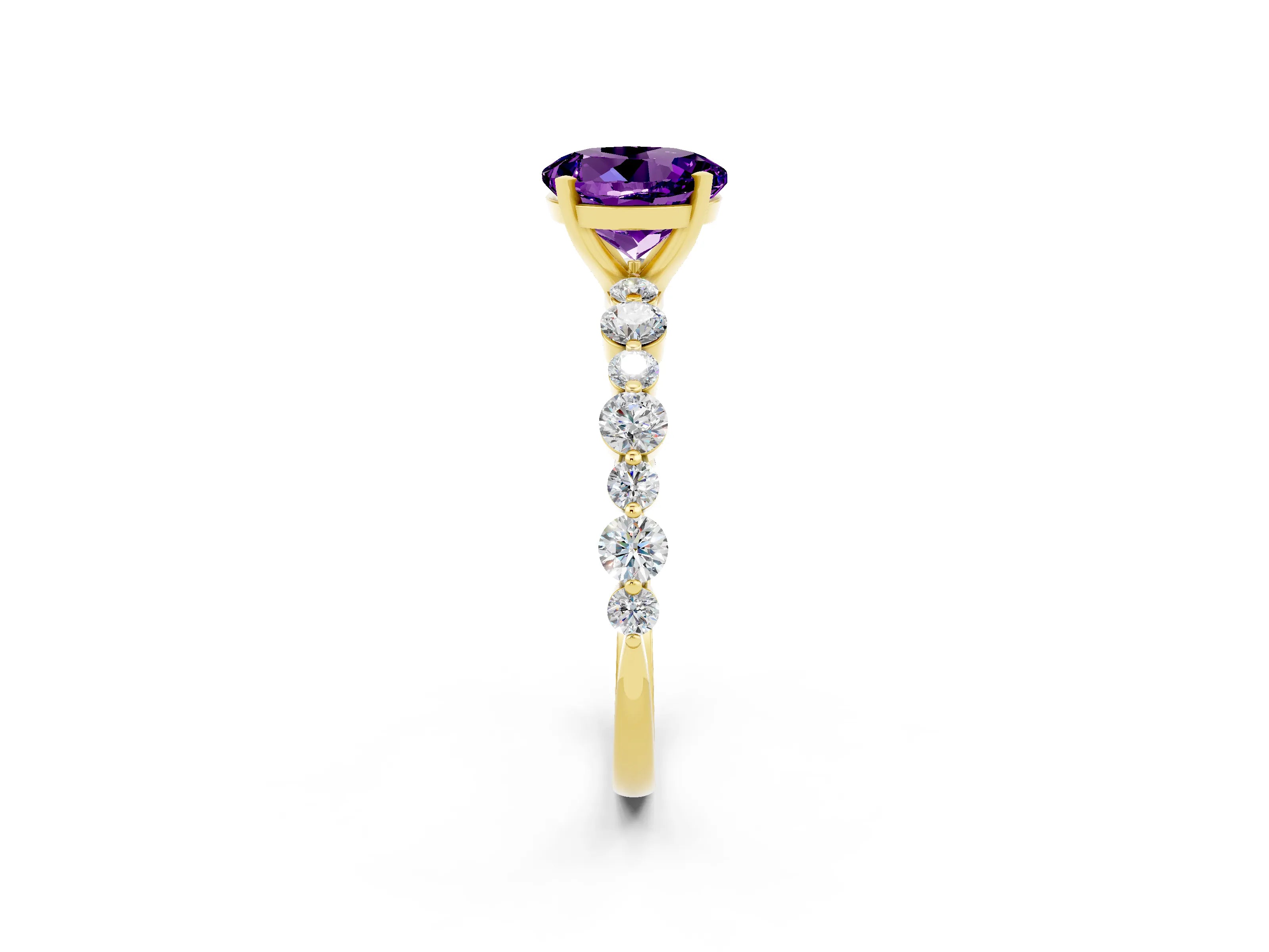Yellow gold Round Cut Amethyst Prong Set Engagement Ring with Pavé Band_2