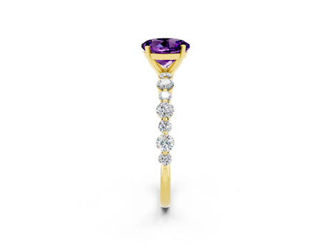 Yellow gold Round Cut Amethyst Prong Set Engagement Ring with Pavé Band_2