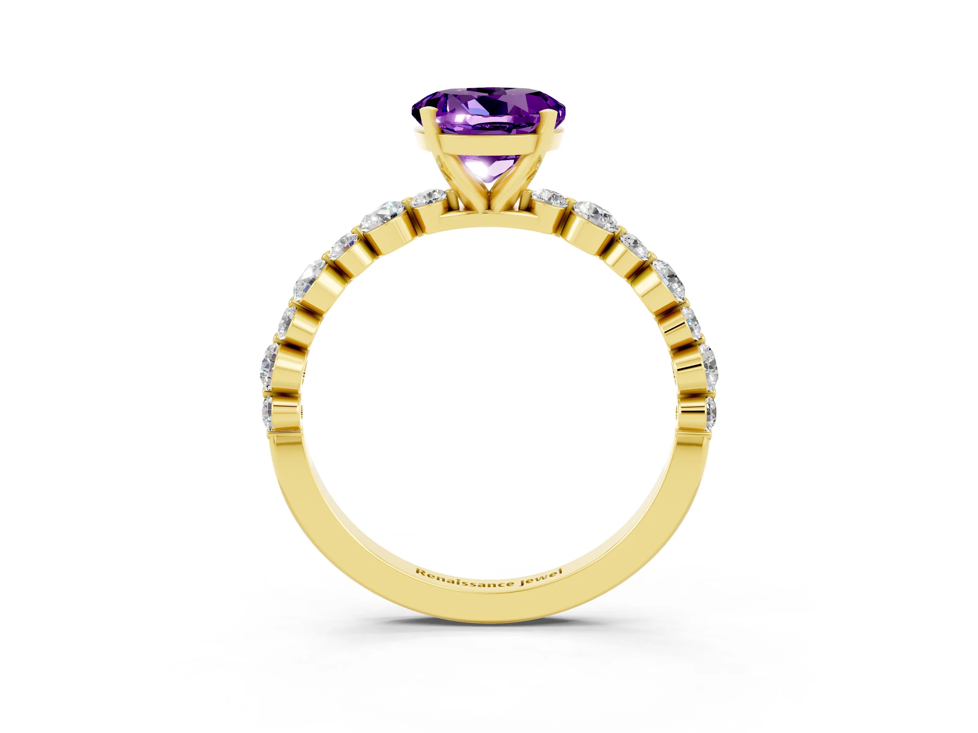 Yellow gold Round Cut Amethyst Prong Set Engagement Ring with Pavé Band_3