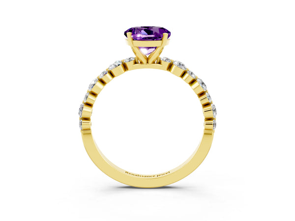 Yellow gold Round Cut Amethyst Prong Set Engagement Ring with Pavé Band